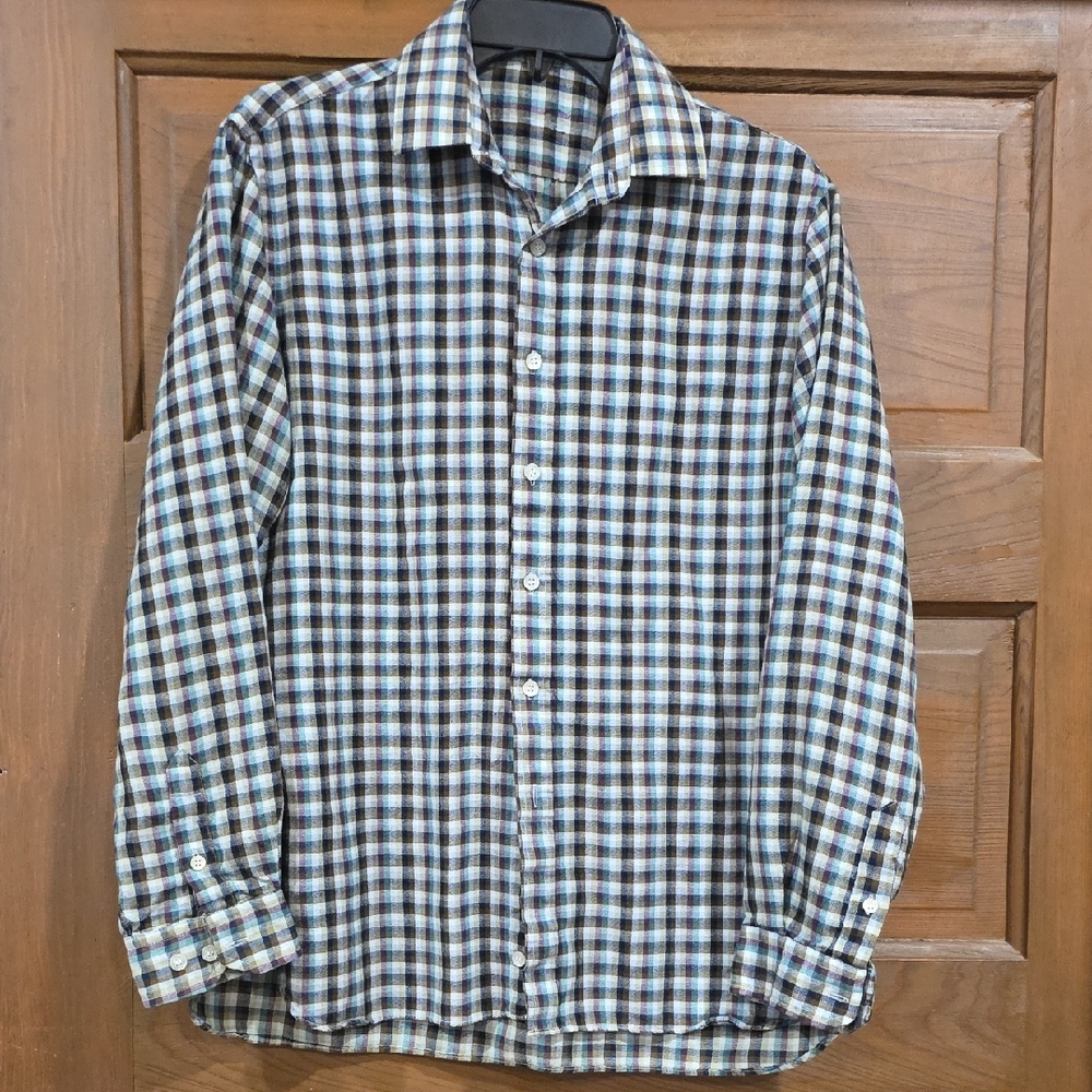 Men's Checked Button-Down Dress Shirt in Blue, Brown & White